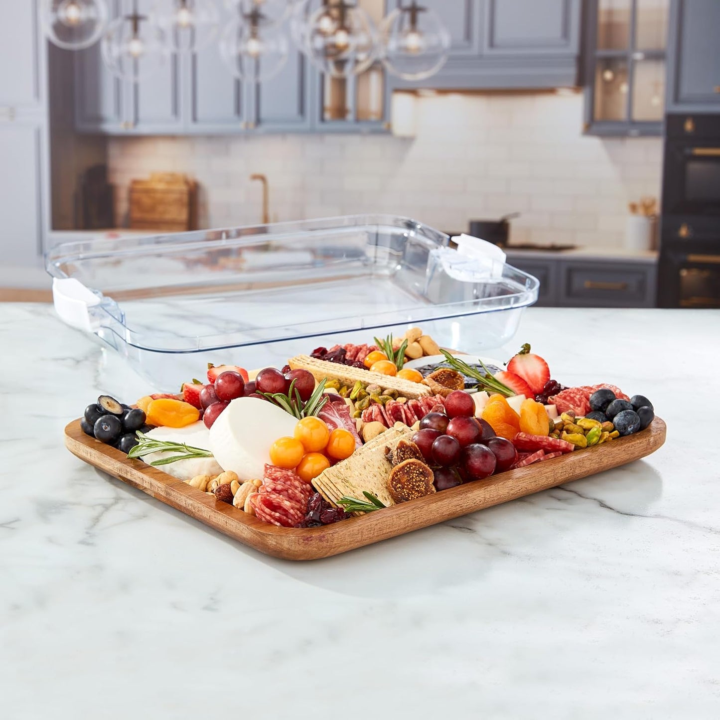 Farberware Build-a-Board Acacia Cutting Board with Locking Lid and White Handle