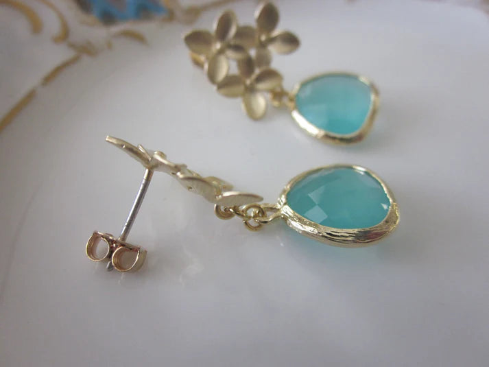 Aqua Blue Gold Cherry Blossom Earrings