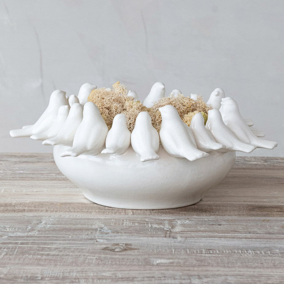 Stoneware Bowl with Birds on Rim
