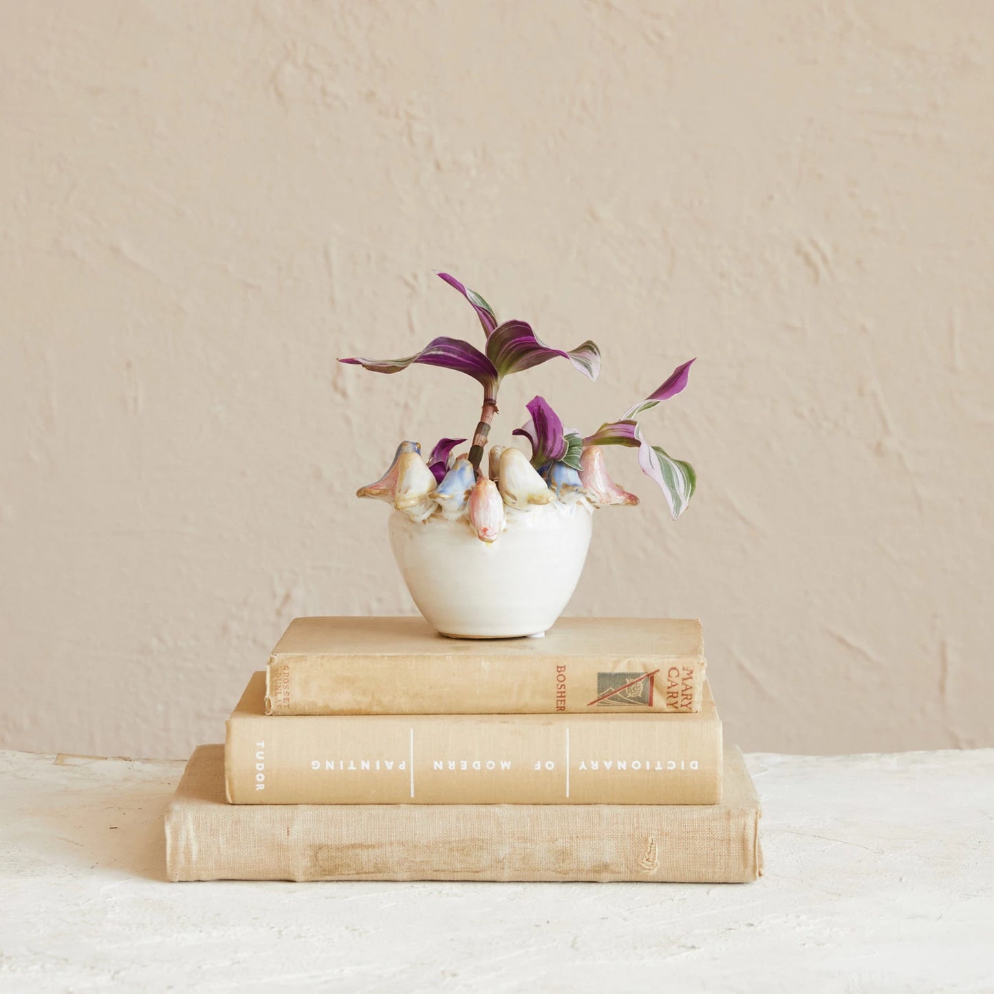 Stoneware Planter Birds On Rim