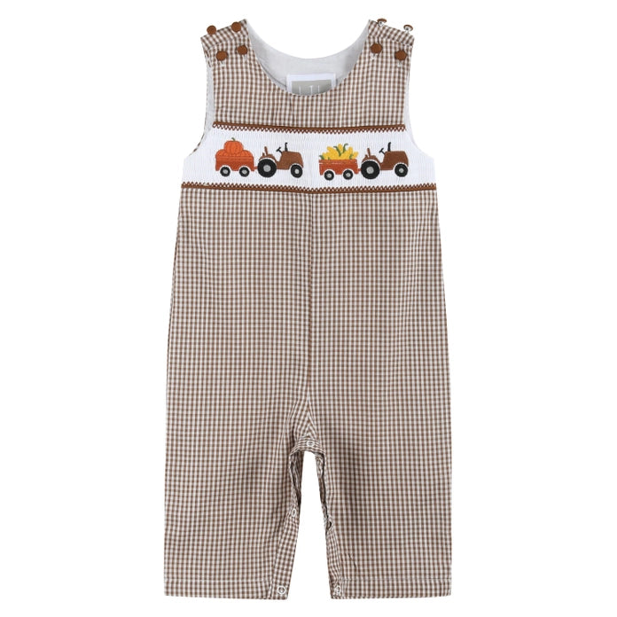 Brown Gingham Pumpkin and Corn Tractor Smocked Overalls