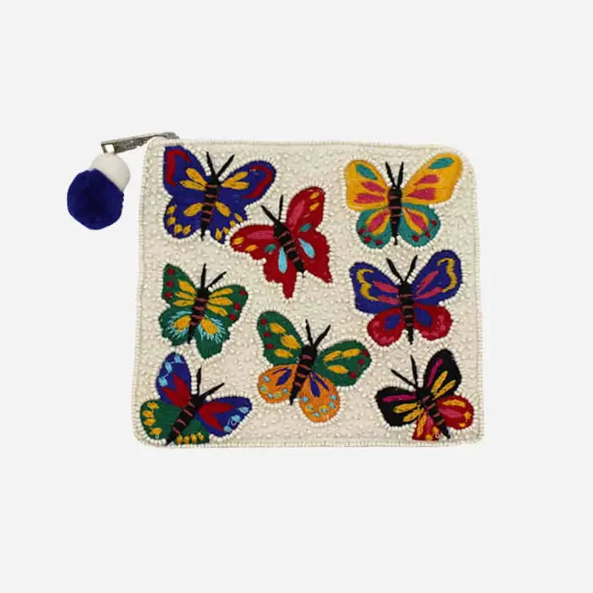 Multi Embroidered Butterflies Beaded Coin Pouch