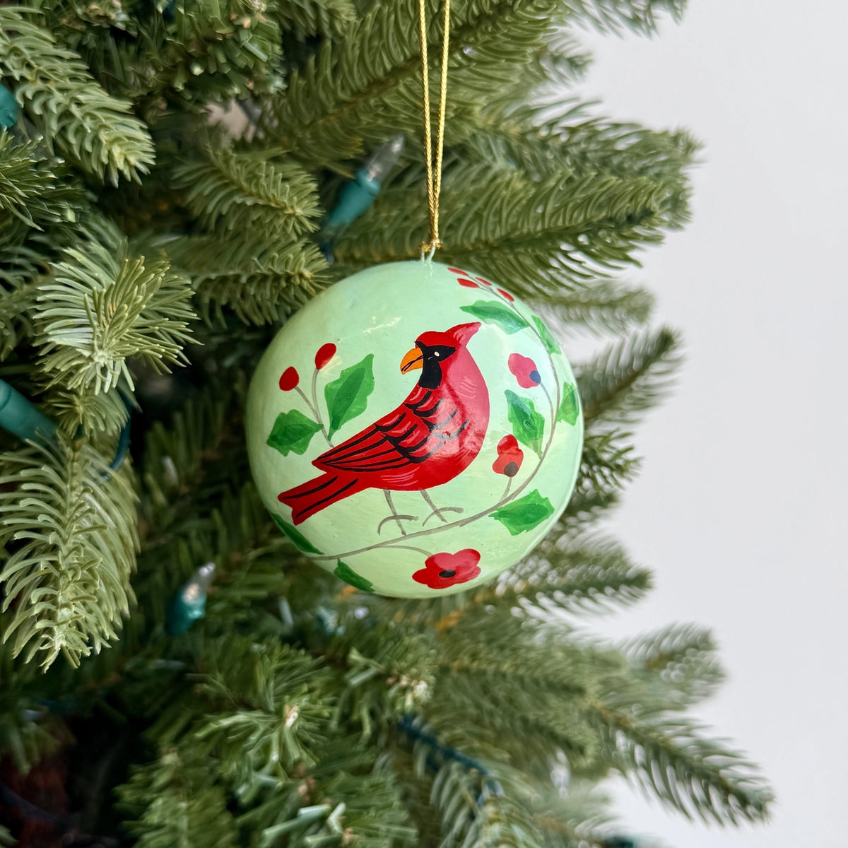 Cardinal Bird Paper Mache Ball Ornament
