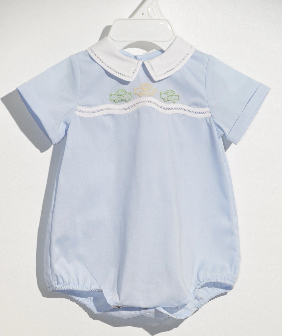 Blue Boy Cars Embroidered Bubble with Buttons and Bonnet