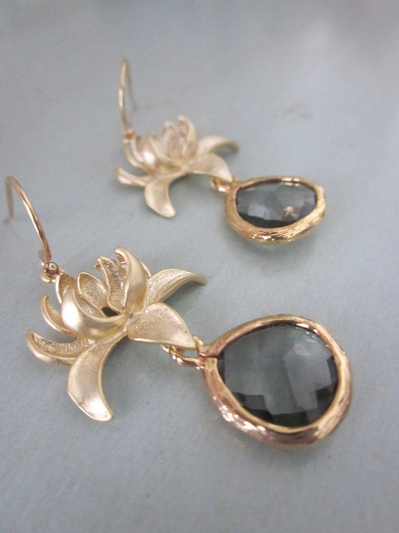 Charcoal Gray & Gold Blossom Earrings