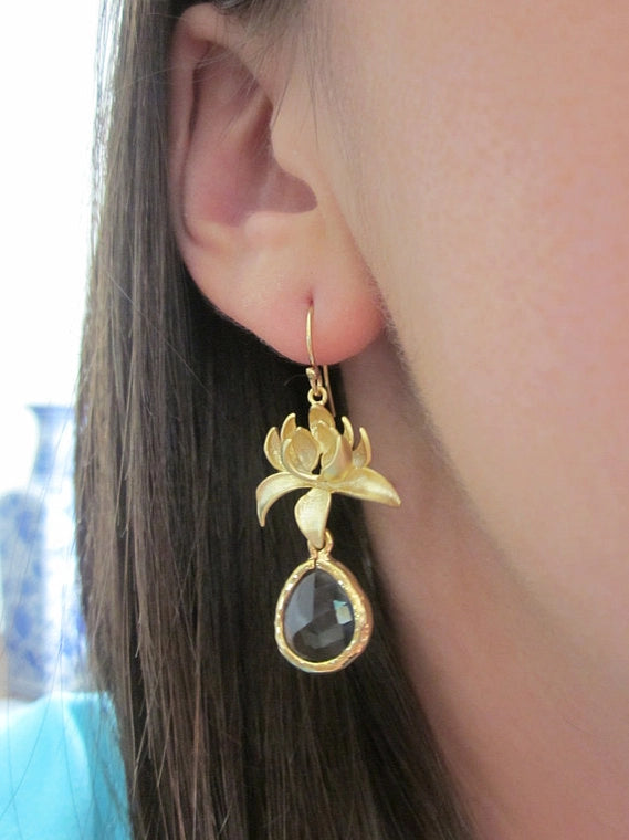 Charcoal Gray & Gold Blossom Earrings