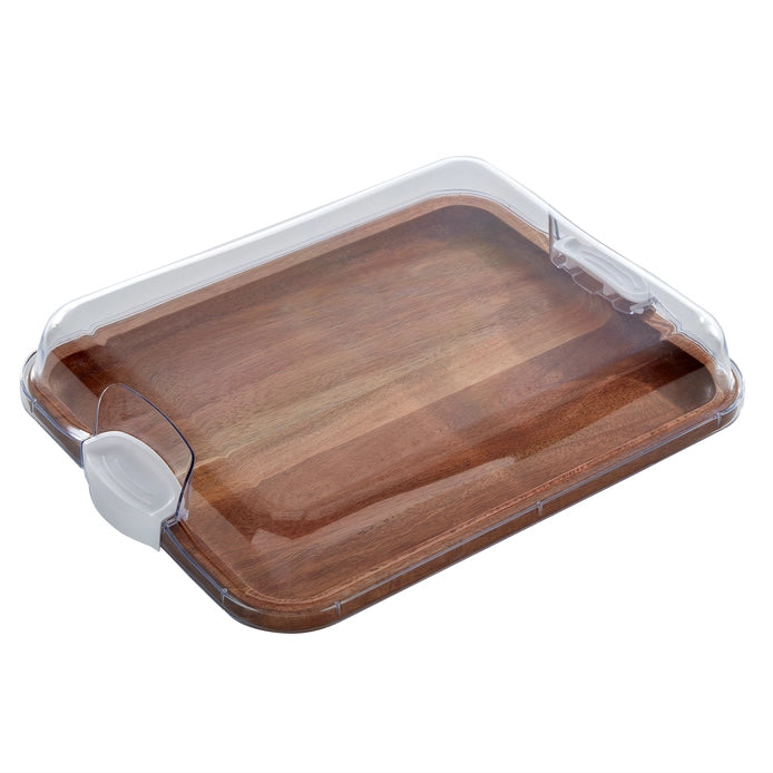 Farberware Build-a-Board Acacia Cutting Board with Locking Lid and White Handle
