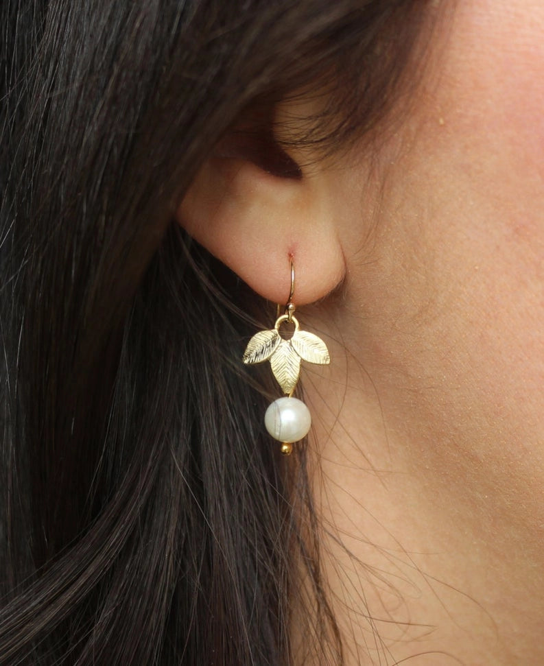 Freshwater Pearl & Gold Leaf Earrings