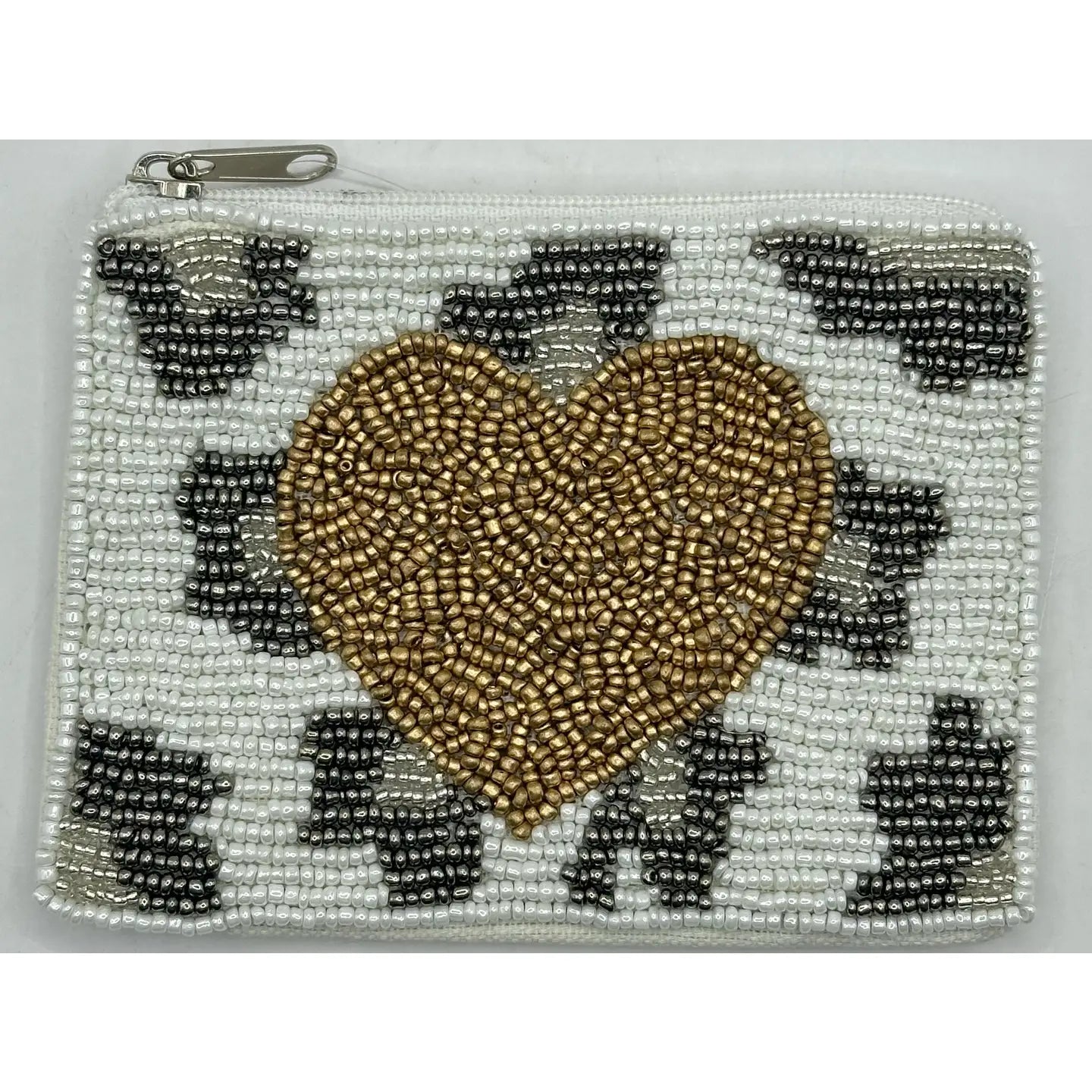 Gold Heart with Animal Print Beaded Mini Pouch