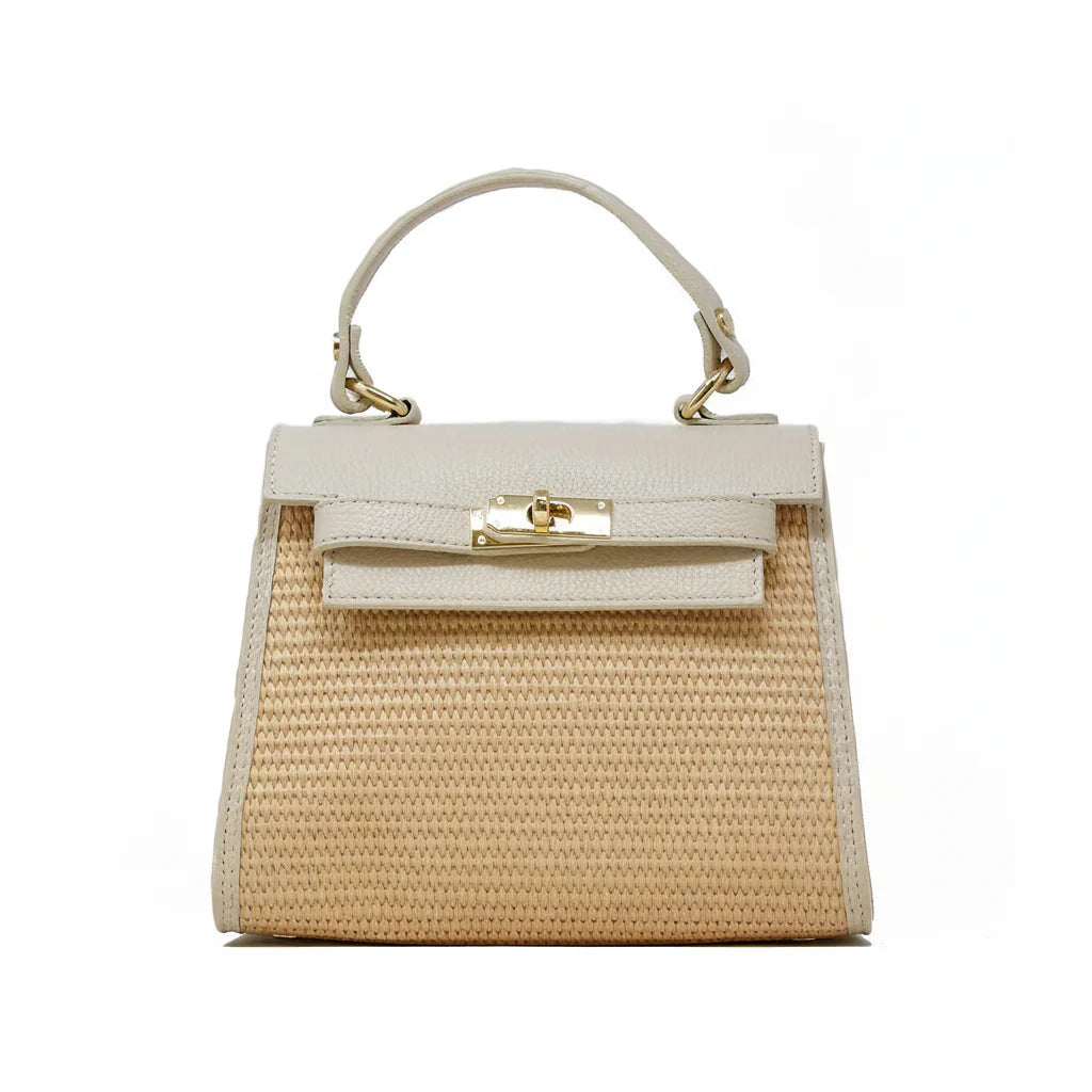 Raffia and Leather Top Handle Crossbody Bag