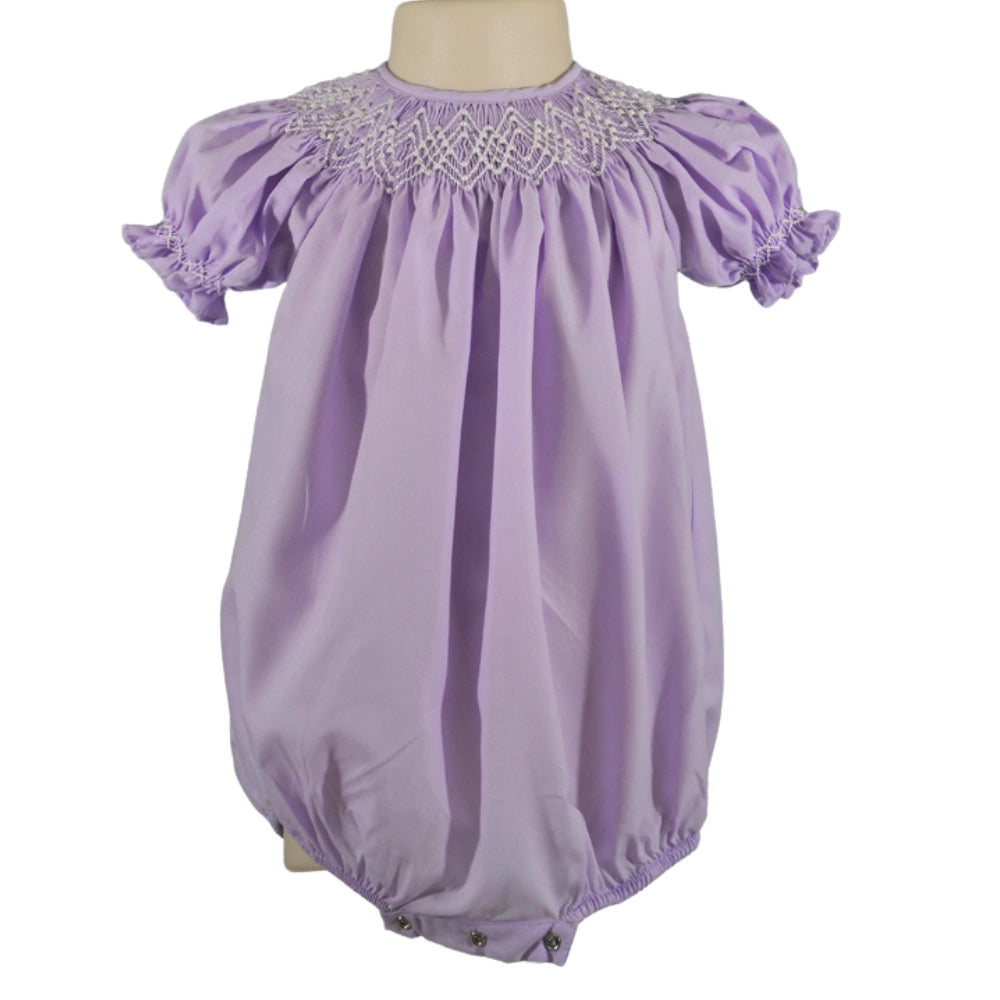 Lavender Geometric Smocked with Pearl Short Sleeve Bishop Bubble
