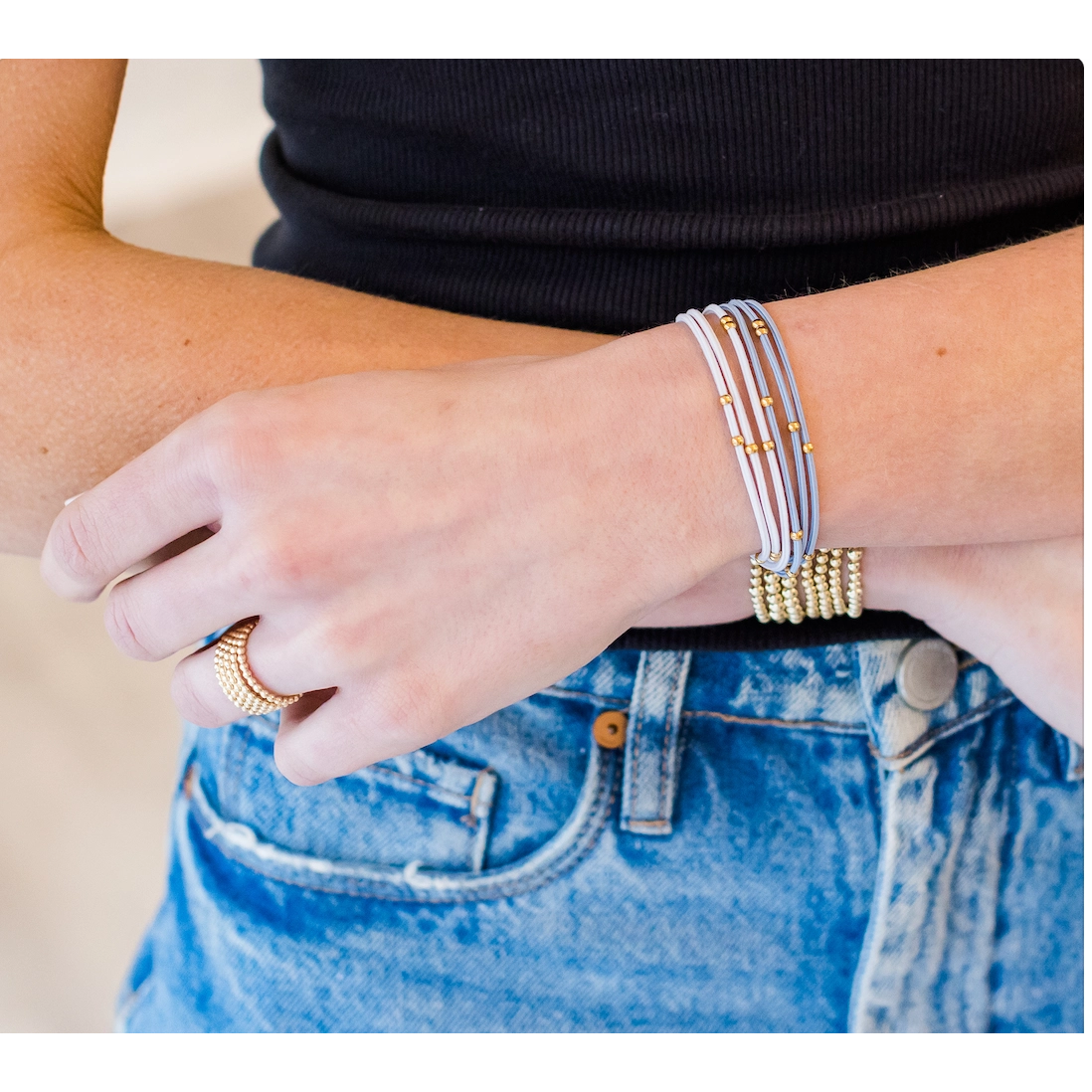 3mm Gold Water Pony Waterproof Bracelet Hair Bands in Light Blue and White