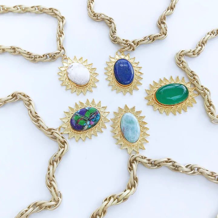 Oval Gemstone Pendant on Twisted Etched Chain