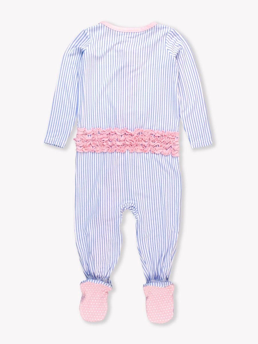 Periwinkle & White Micro Stripe Ruffle One Piece Footie Pajamas