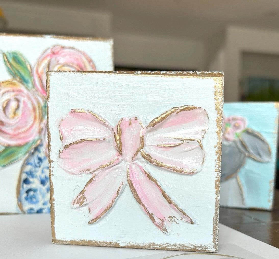 3x3 Hand Painted Pink Bow Wood Block