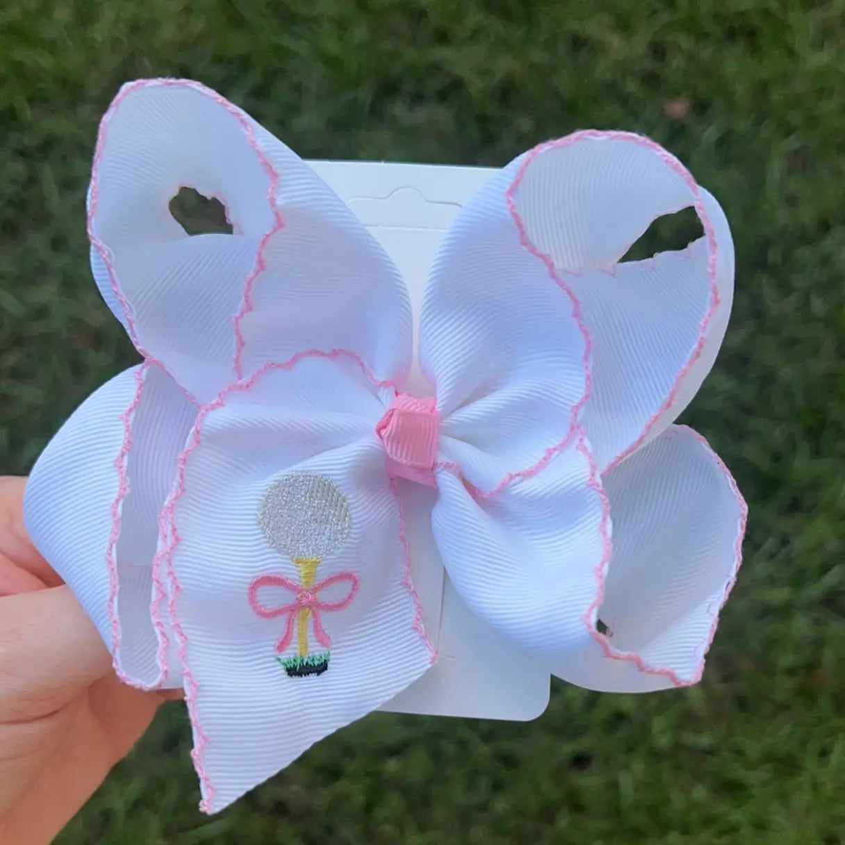 Pink Golf Ball & Tee Embroidered Hair Bow