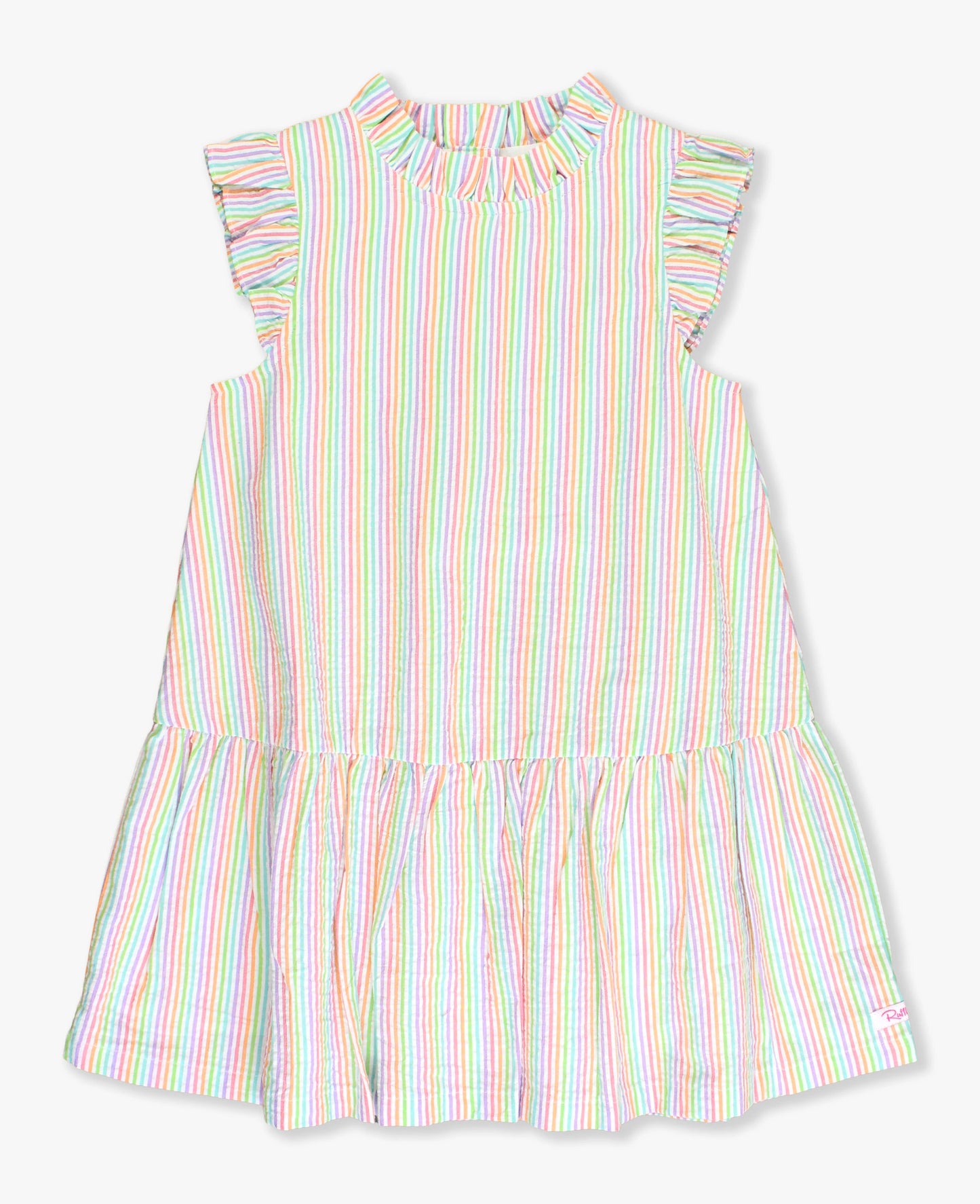 Rainbow Seersucker Mock Neck Sleeveless Flutter Dress