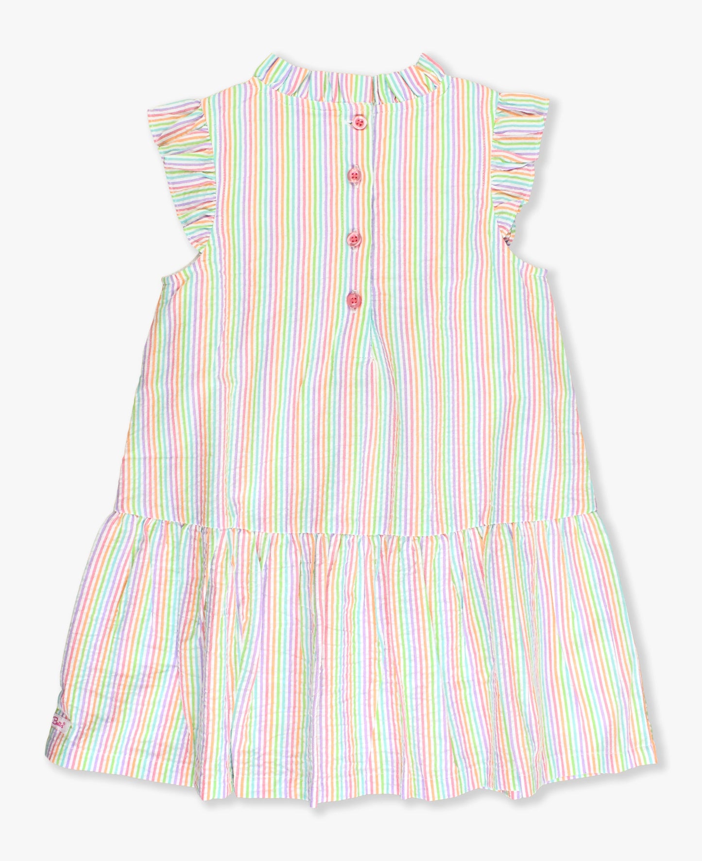 Rainbow Seersucker Mock Neck Sleeveless Flutter Dress