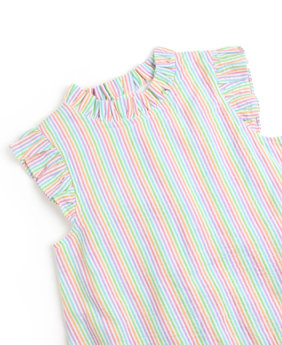 Rainbow Seersucker Mock Neck Sleeveless Flutter Dress