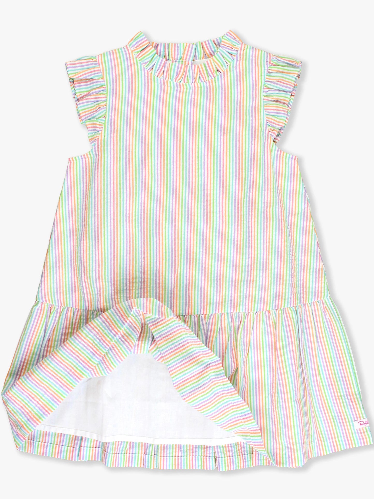 Rainbow Seersucker Mock Neck Sleeveless Flutter Dress