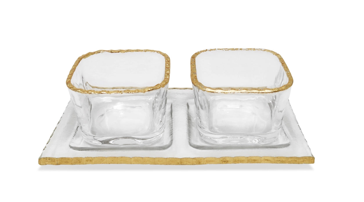 2 Bowl Relish Dish on Tray with Gold Border