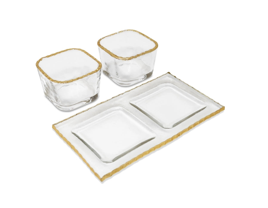 2 Bowl Relish Dish on Tray with Gold Border