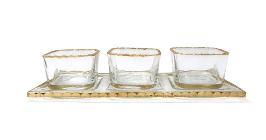 3 Bowl Relish Dish on Tray with Gold Rim