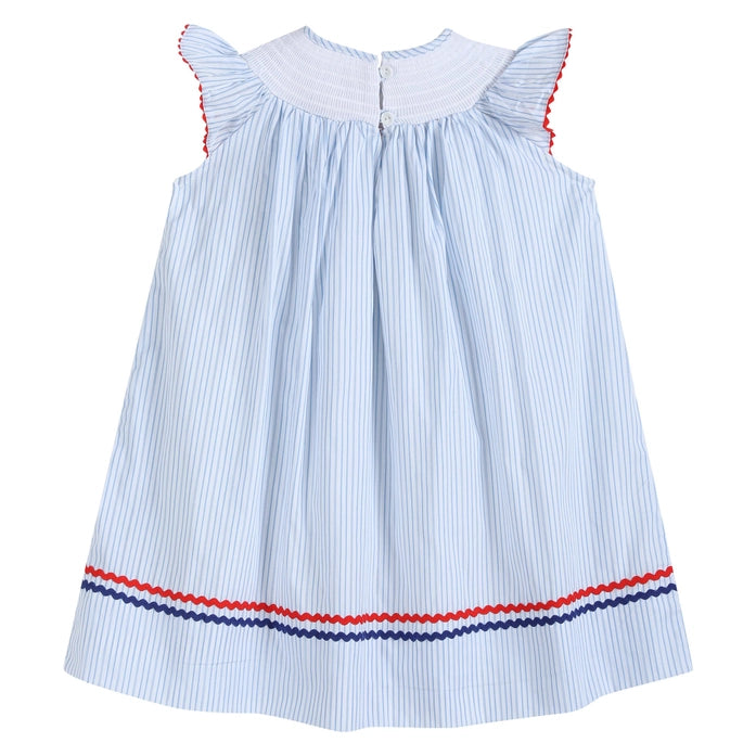 Blue Striped 4th of July Stars Smocked Bishop Dress