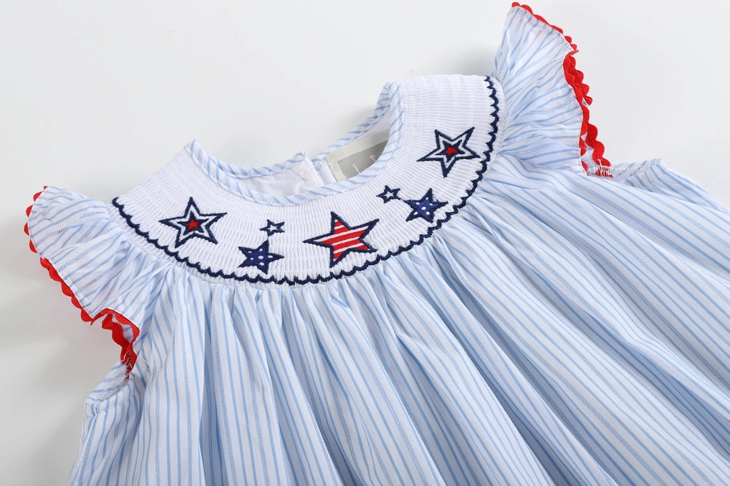 Blue Striped 4th of July Stars Smocked Bishop Dress