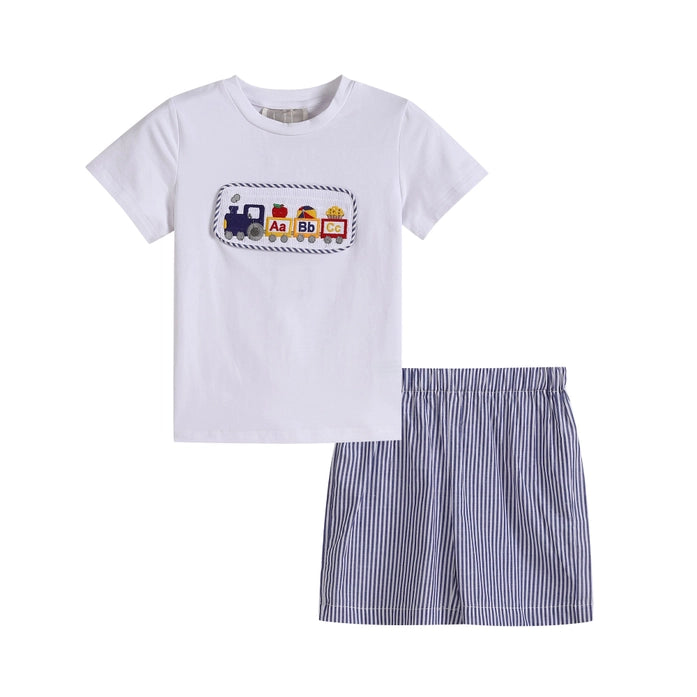 Alphabet Train Smocked Shirt and Blue Striped Shorts Set