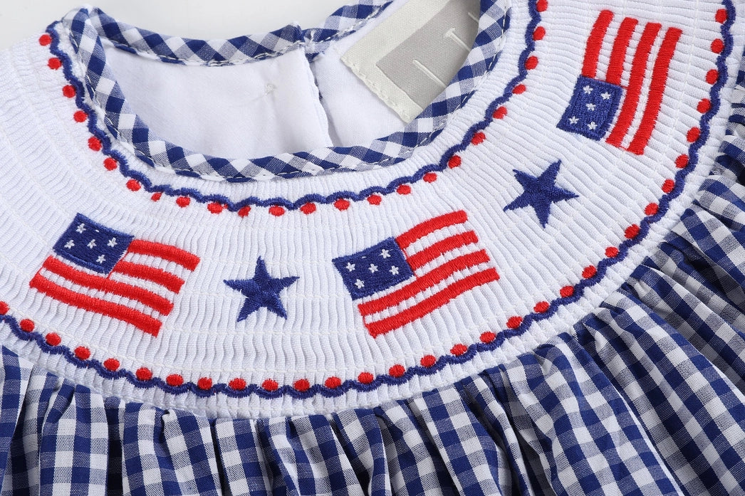 Royal Blue Gingham American Flag Smocked Bishop Dress