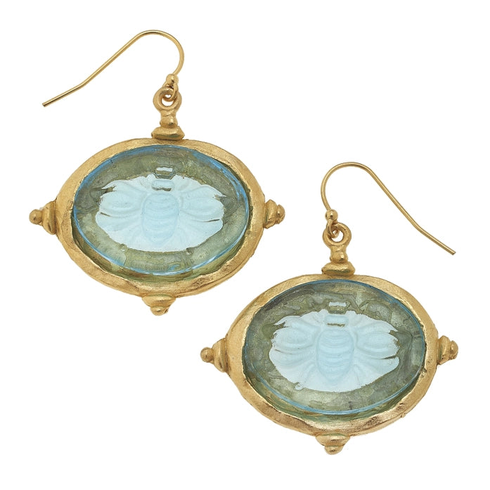 Aqua Venetian Glass Bee Intaglio Earrings