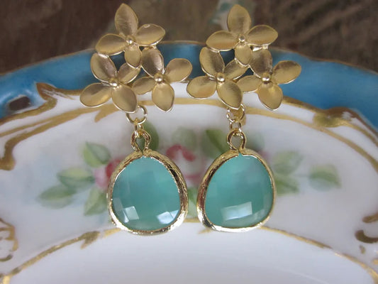 Aqua Blue Gold Cherry Blossom Earrings