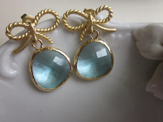 Aquamarine Blue Gold Bow Earrings