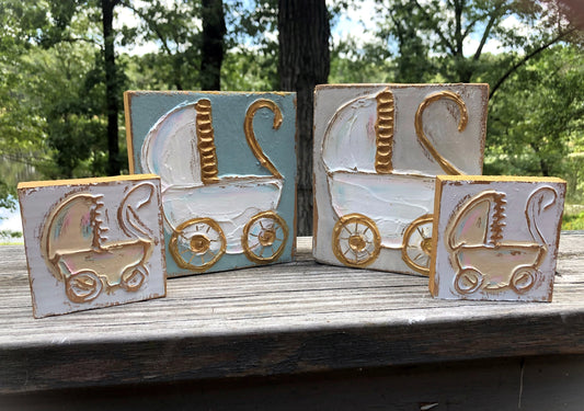 3x3 Hand Painted Baby Carriage Wood Block