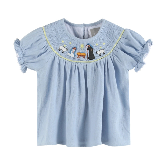 Light Blue Nativity Smocked Dress and Bloomers Set