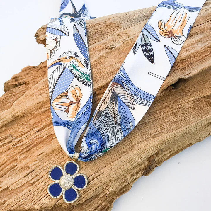 Blue Ornate Flower Scarf Necklace