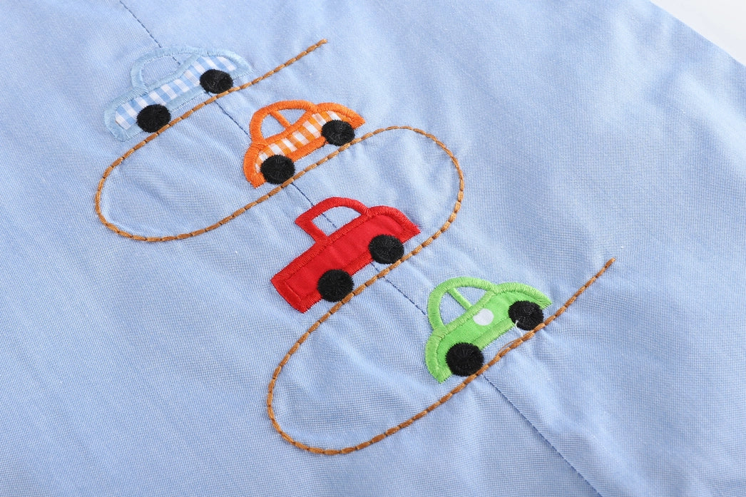 Blue Car Race Track Embroidery Shortalls