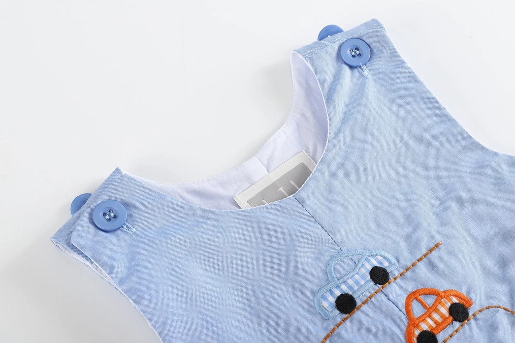 Blue Car Race Track Embroidery Shortalls