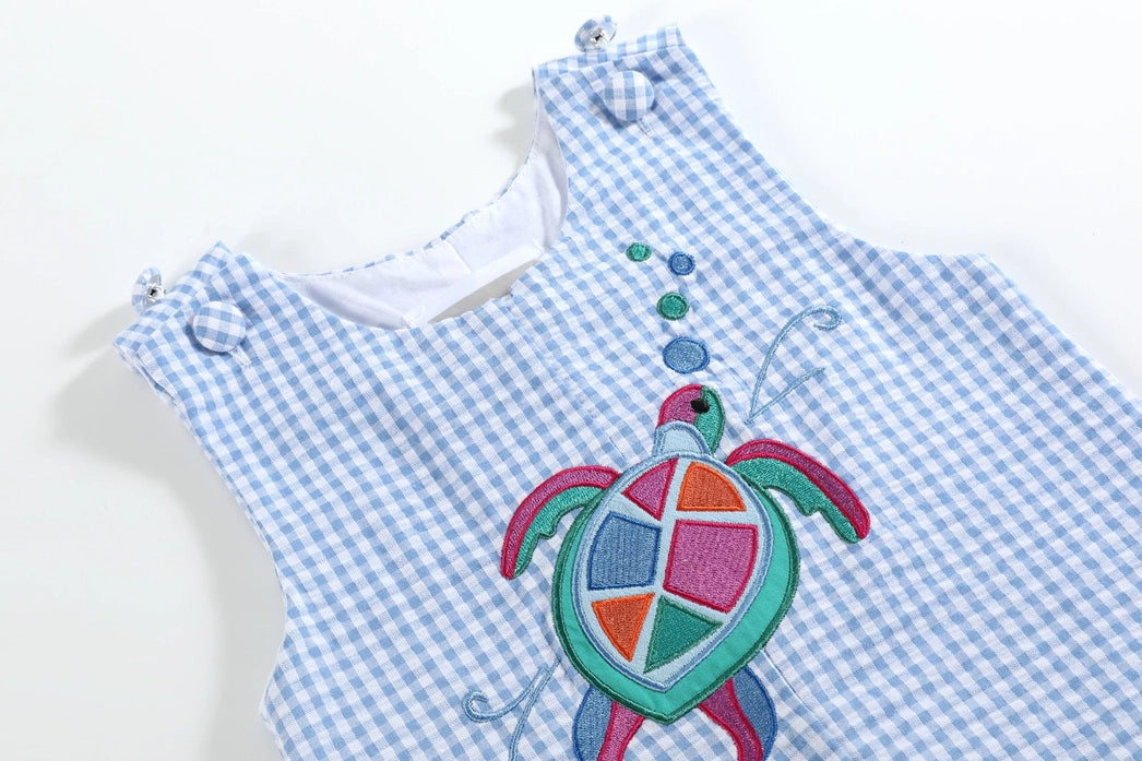 Blue Gingham Mosaic Turtle Shortalls