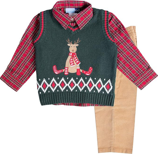 Boys Green Christmas Sweater Vest Set