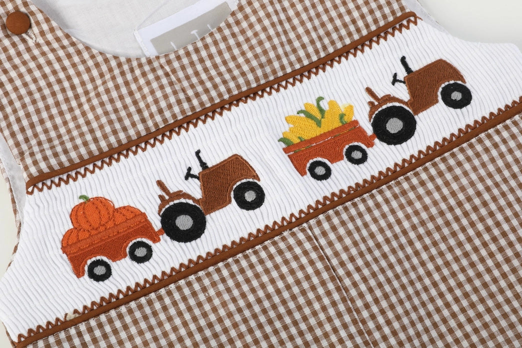 Brown Gingham Pumpkin and Corn Tractor Smocked Overalls