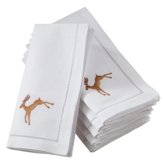 Embroidered Brown Reindeer Hemstitch Napkin