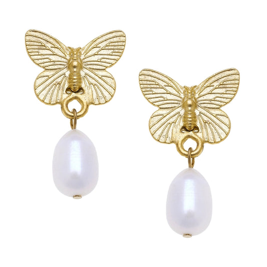 Susan Shaw Gold Butterfly + Pearl Drop Earrings