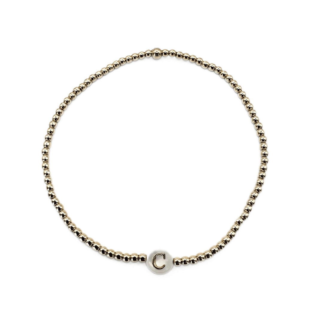 2mm Gold Filled Initial Mother of Pearl Charm Waterproof Bracelet