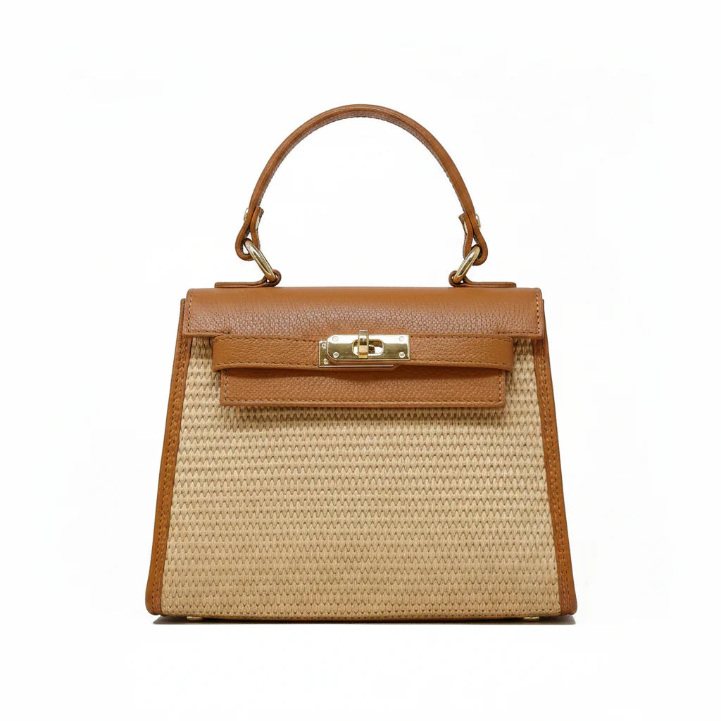 Raffia and Leather Top Handle Crossbody Bag