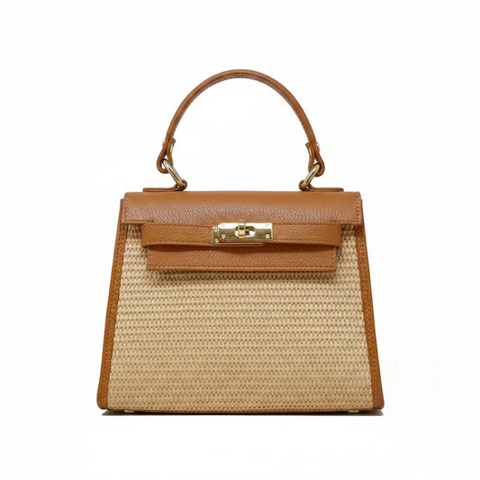 Raffia and Leather Top Handle Crossbody Bag