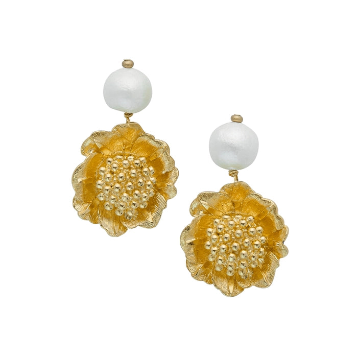 Gold Camellia Flower & Cotton Pearl Dangle Earrings