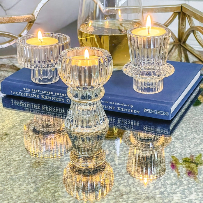 Vintage Ribbed Glass Candlestick Holders