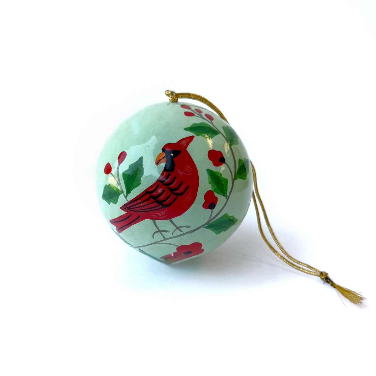 Cardinal Bird Paper Mache Ball Ornament